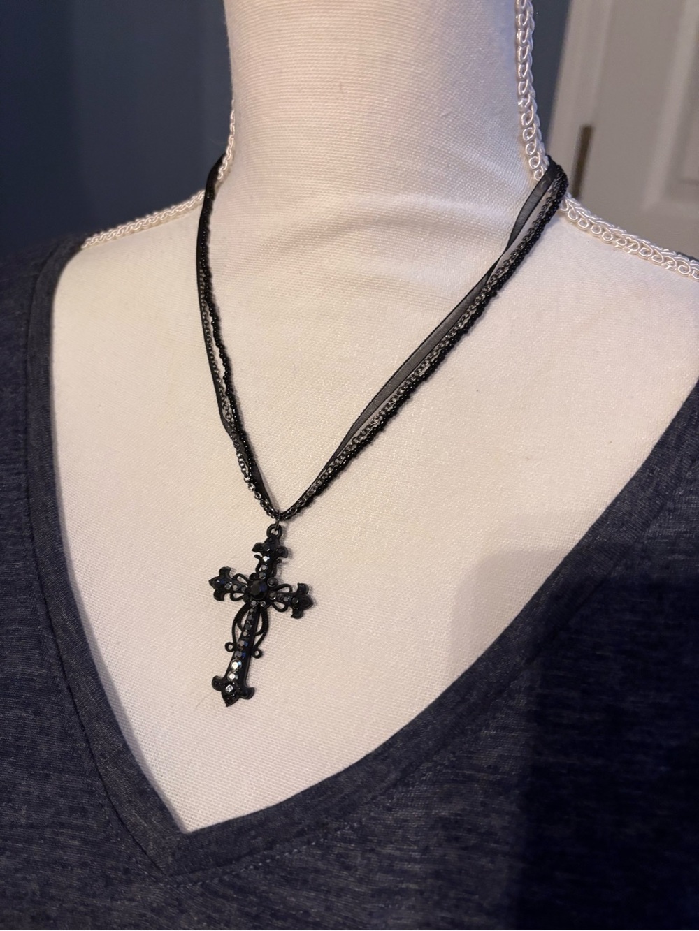 Black Gothic Cross Pendant Necklace lace, ribbon, black beads.